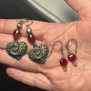 Heart-Shaped Silver Tone and Red Earrings Set